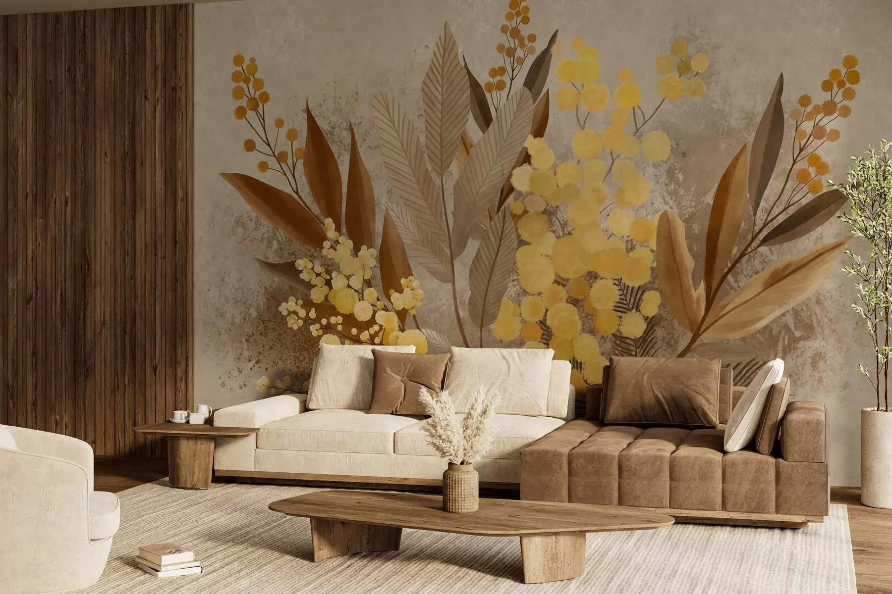 murales de pared Ramas de mimosa pintadas y un herbario en tonos cálidos w05659