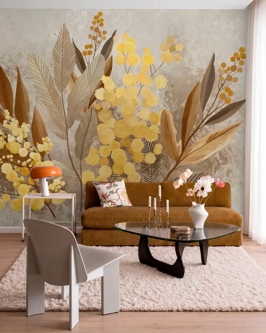murales de pared Ramas de mimosa pintadas y un herbario en tonos cálidos w05659