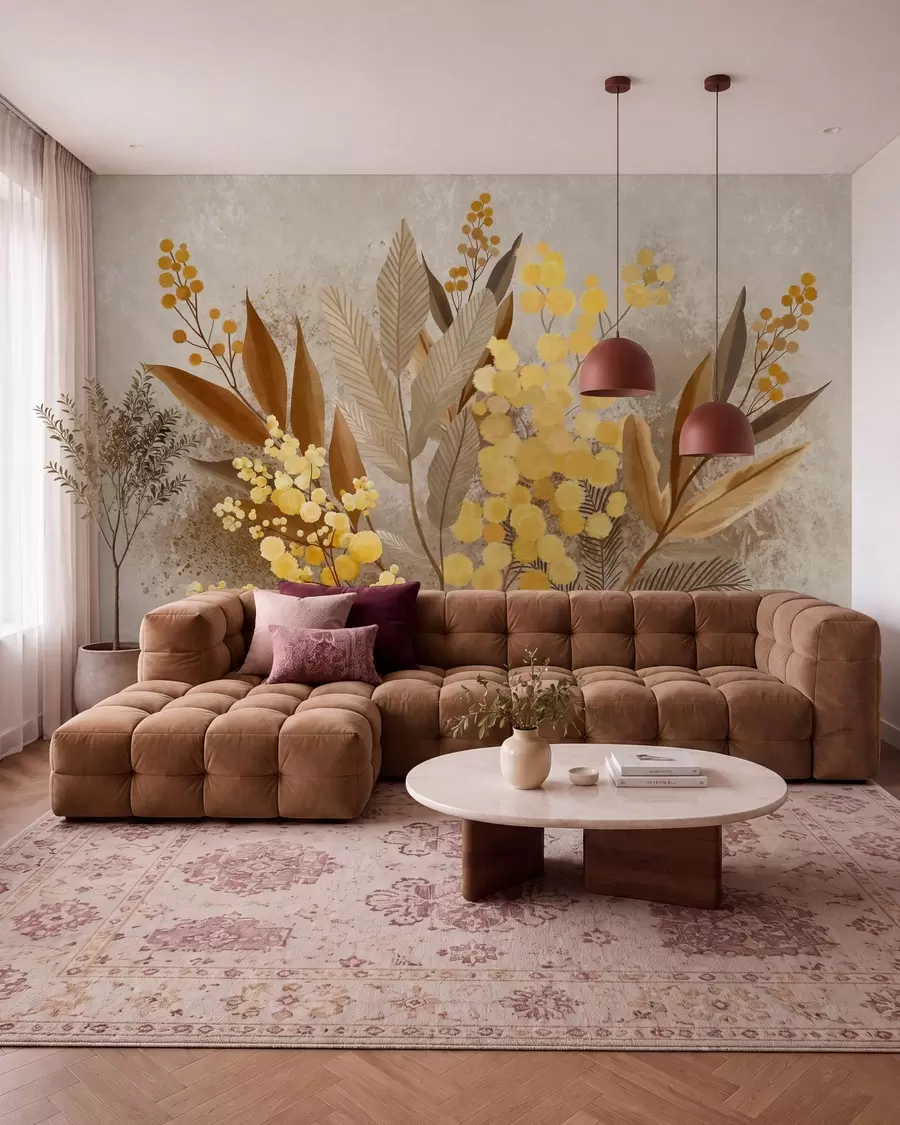 murales de pared Ramas de mimosa pintadas y un herbario en tonos cálidos w05659