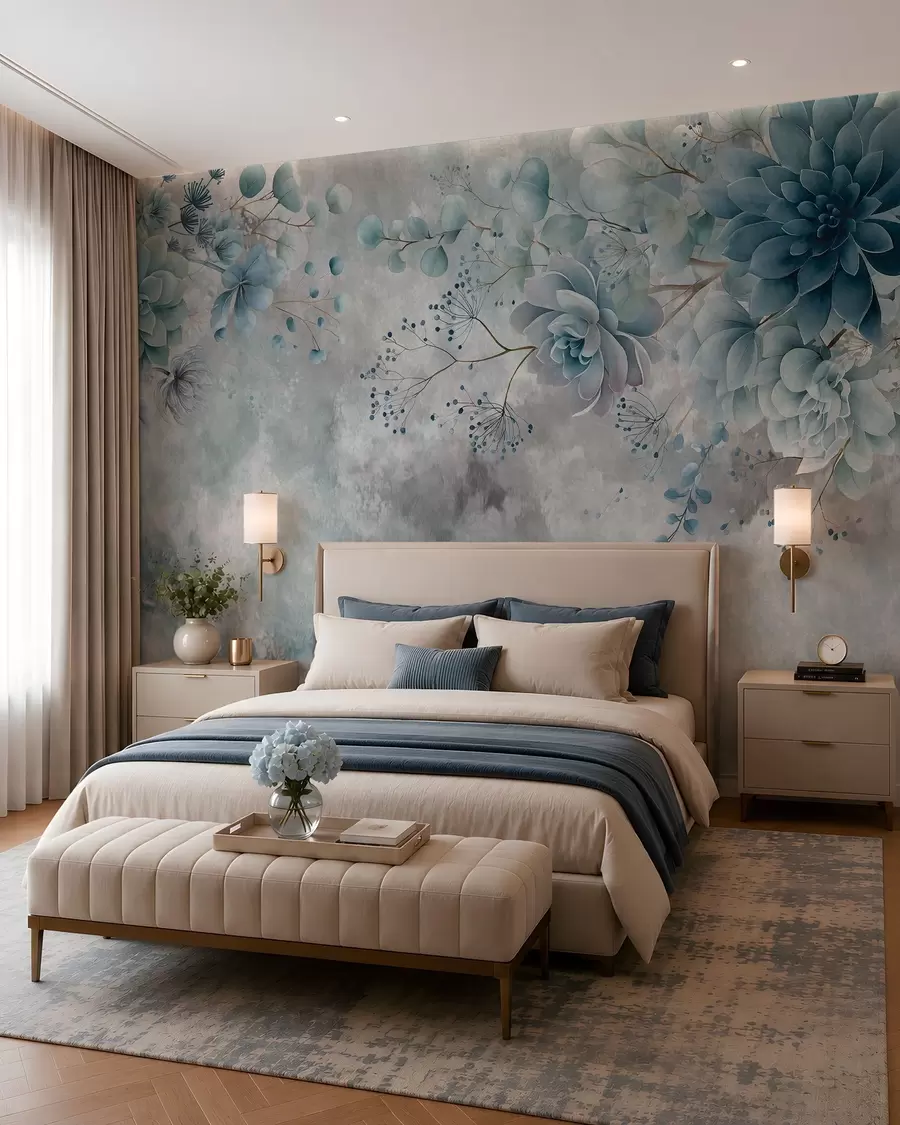 murales de pared Flores de fantasía de estilo retro en la imagen de arriba, en tonos beige y marrón w05753