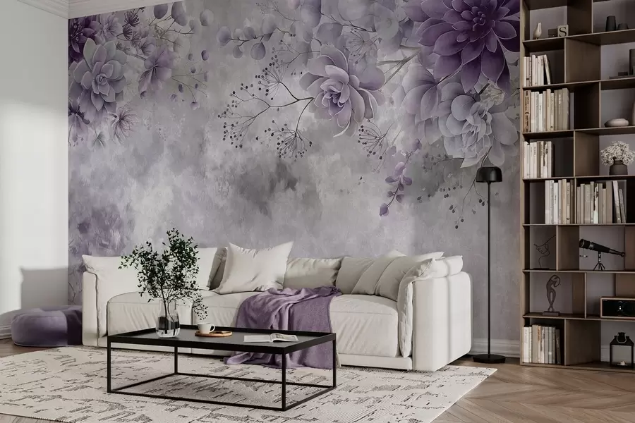 murales de pared Una vista desde arriba de unas flores fantásticas de estilo retro, en tonos morados w05753v2