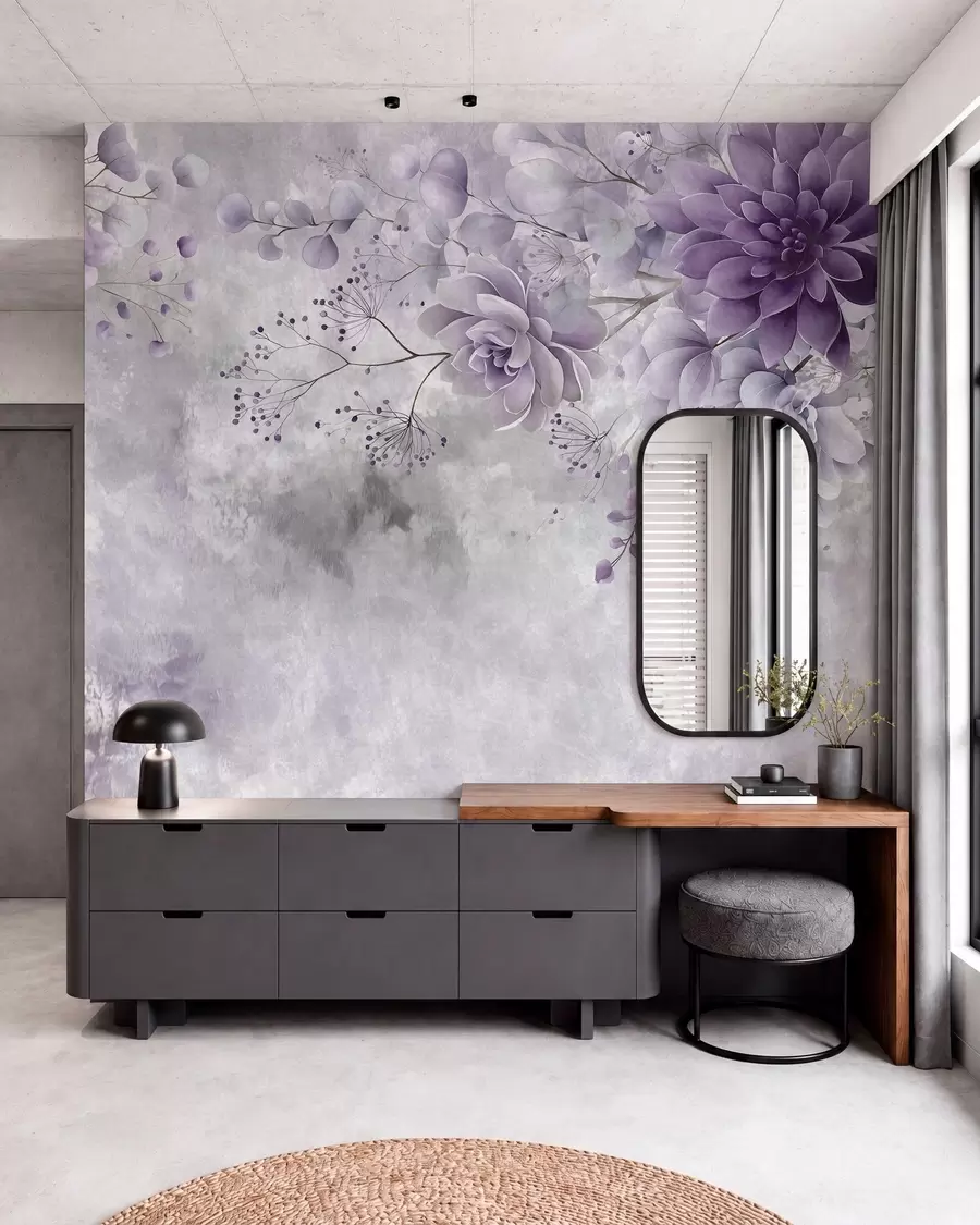 murales de pared Una vista desde arriba de unas flores fantásticas de estilo retro, en tonos morados w05753v2