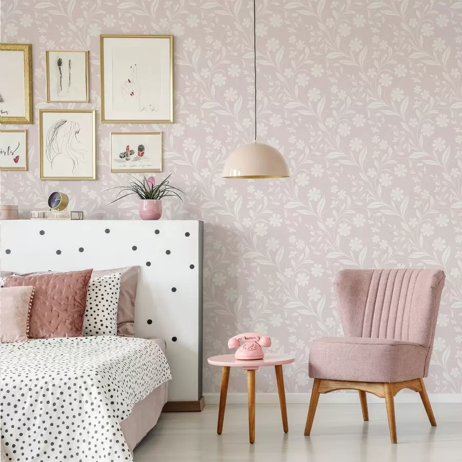 murales de pared Flores blancas y enredaderas sobre un fondo rosa pálido a01242v1