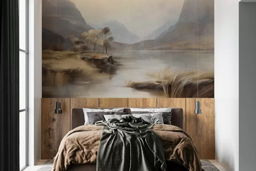 murales de pared Paisaje con texturas y tonos apagados, lago con montañas, hierba alta w09978