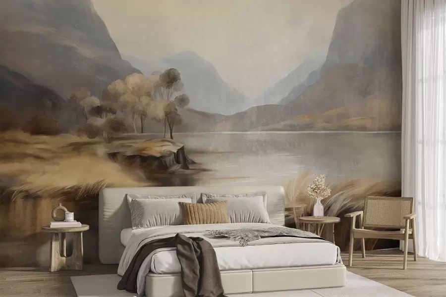 murales de pared Paisaje con texturas y tonos apagados, lago con montañas, hierba alta w09978