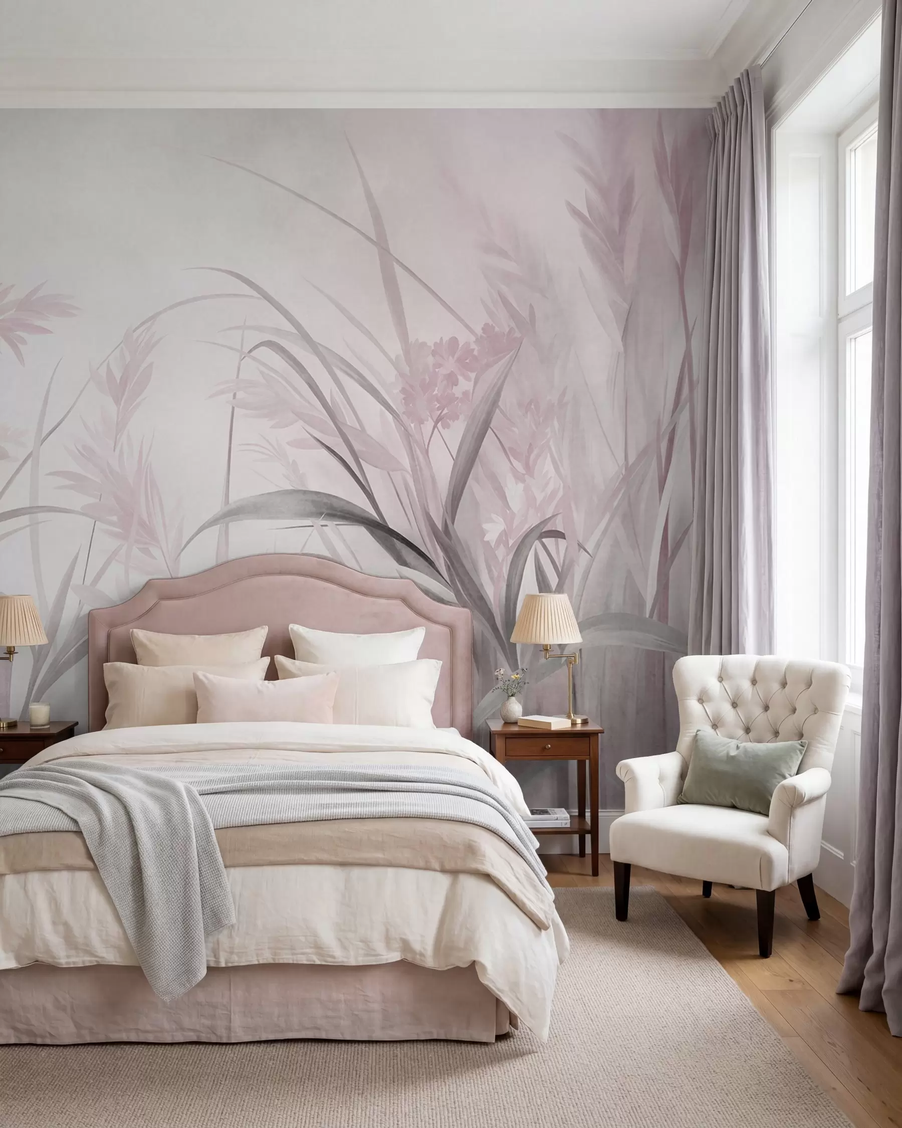 murales de pared Hierba alta y rala y juncos en tonos suaves y apagados de rosa y gris, con textura w09981v1