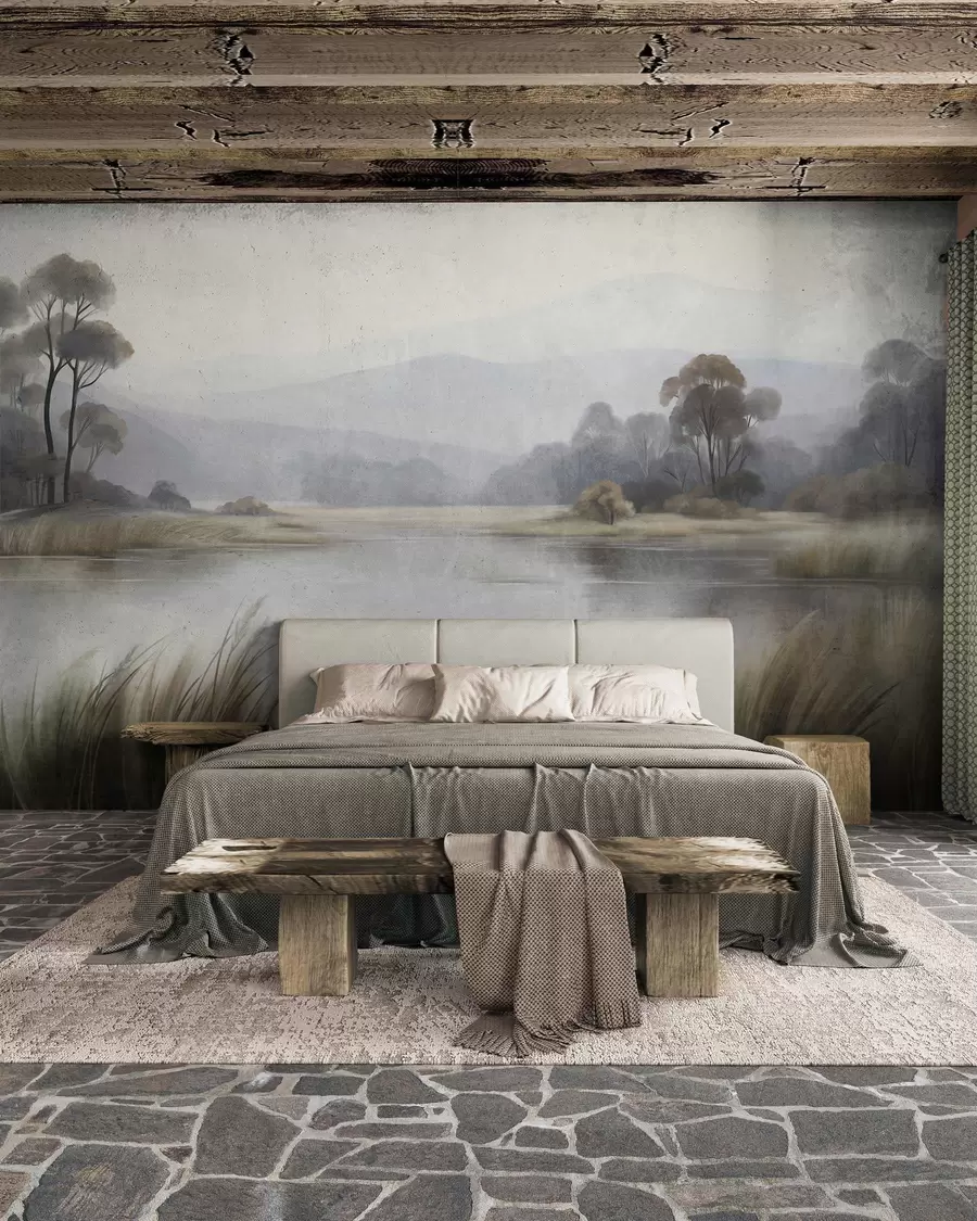 murales de pared Paisaje con relieve, con un lago, hierbas altas, árboles y montañas al fondo w09983
