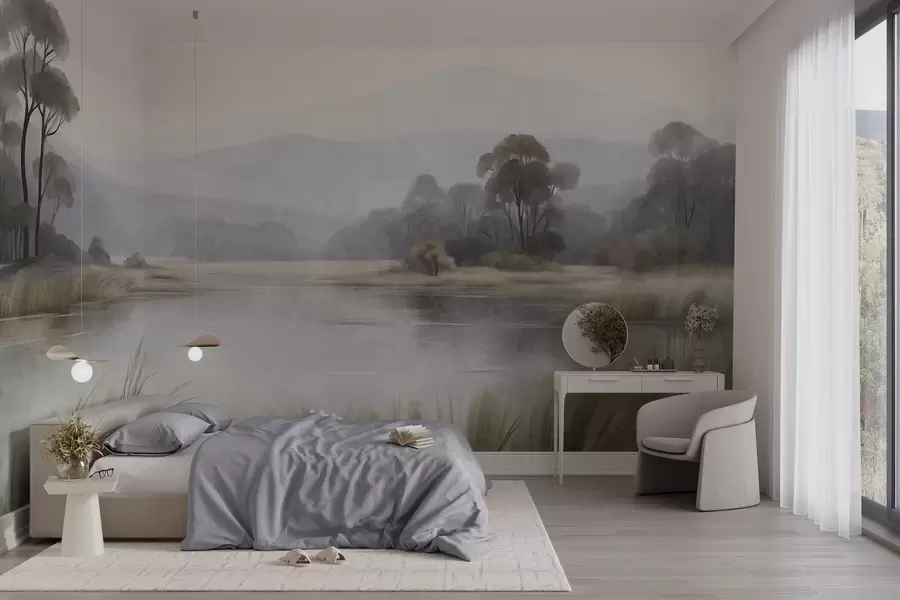 murales de pared Paisaje con relieve, con un lago, hierbas altas, árboles y montañas al fondo w09983