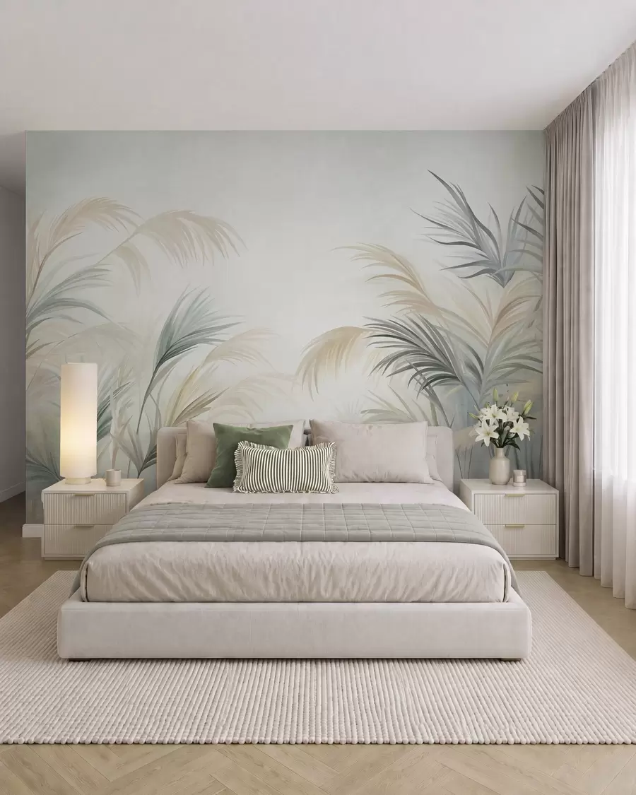 murales de pared Plantas altas en tonos apagados de beige, verde y gris sobre un fondo de textura suave w09984