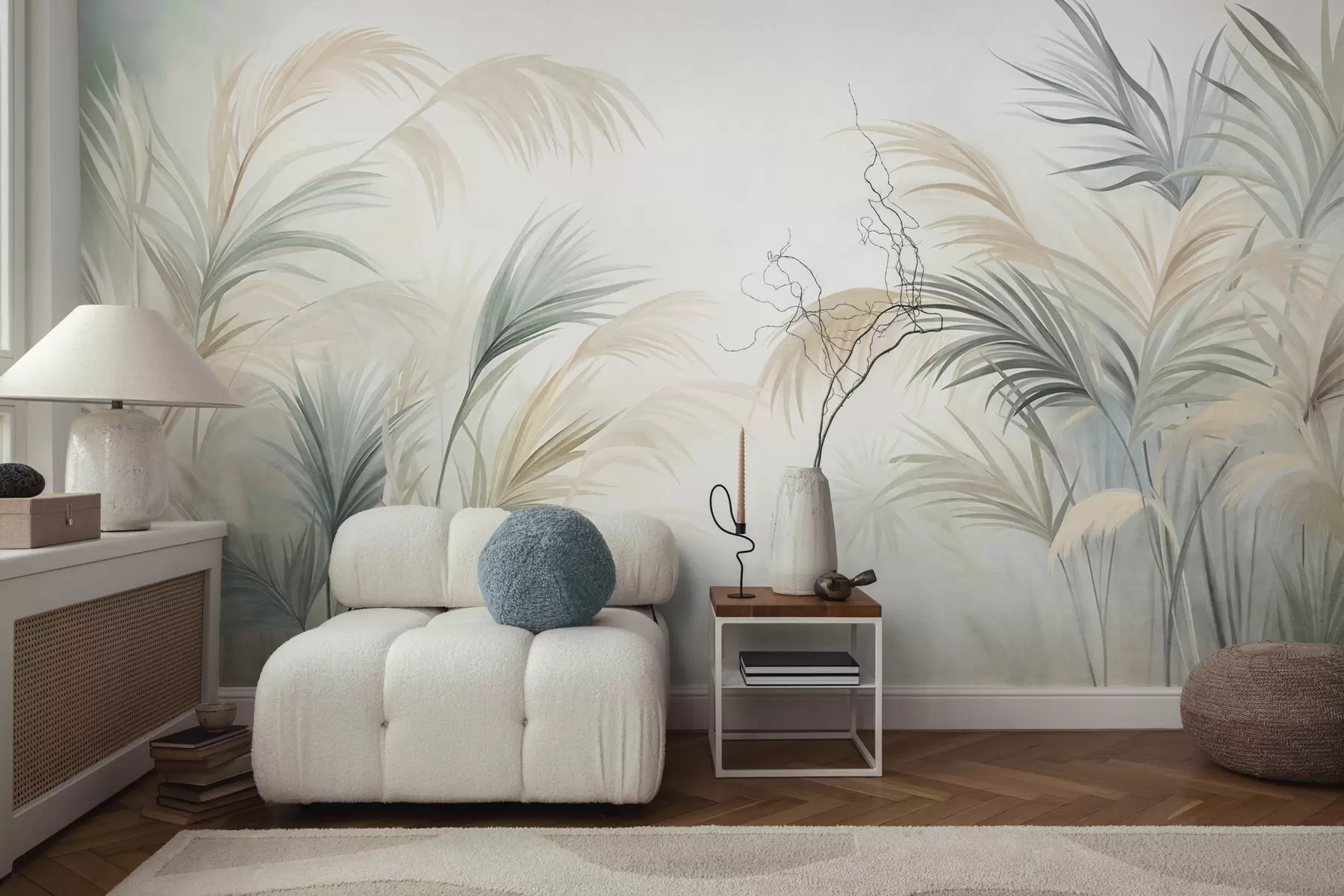 murales de pared Plantas altas en tonos apagados de beige, verde y gris sobre un fondo de textura suave w09984