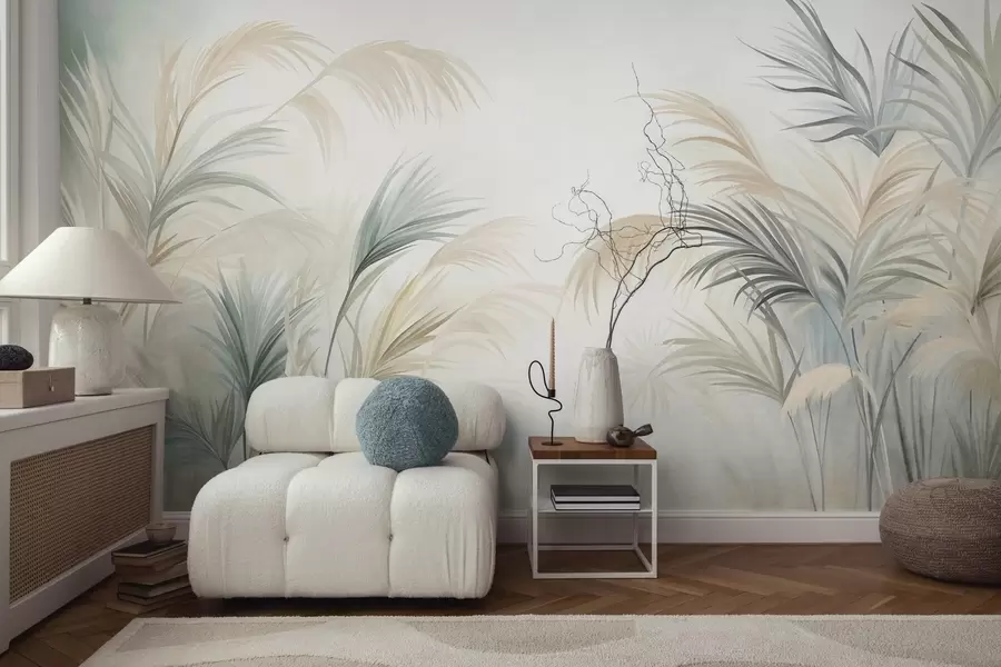 murales de pared Plantas altas en tonos apagados de beige, verde y gris sobre un fondo de textura suave w09984