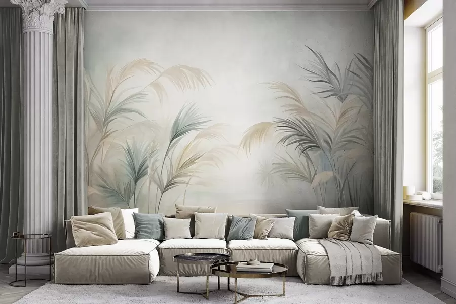 murales de pared Plantas altas en tonos apagados de beige, verde y gris sobre un fondo de textura suave w09984