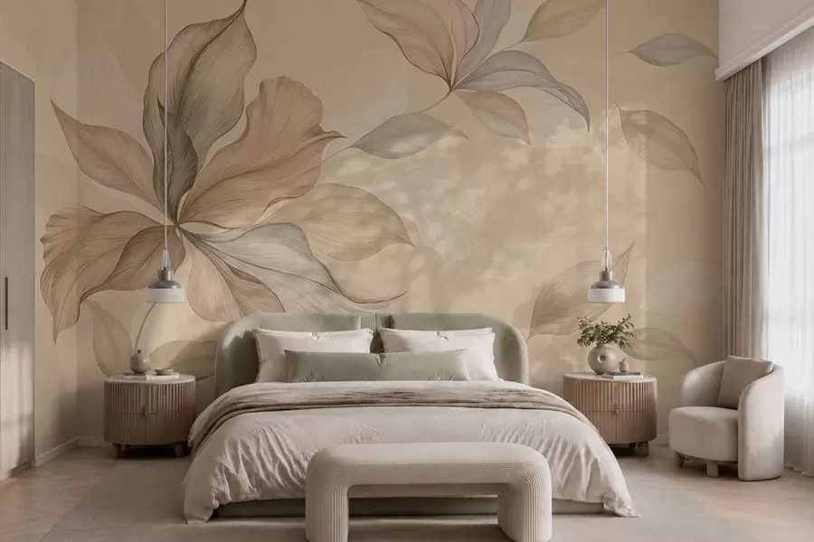 murales de pared Hojas decorativas grandes sobre un fondo cálido w05733
