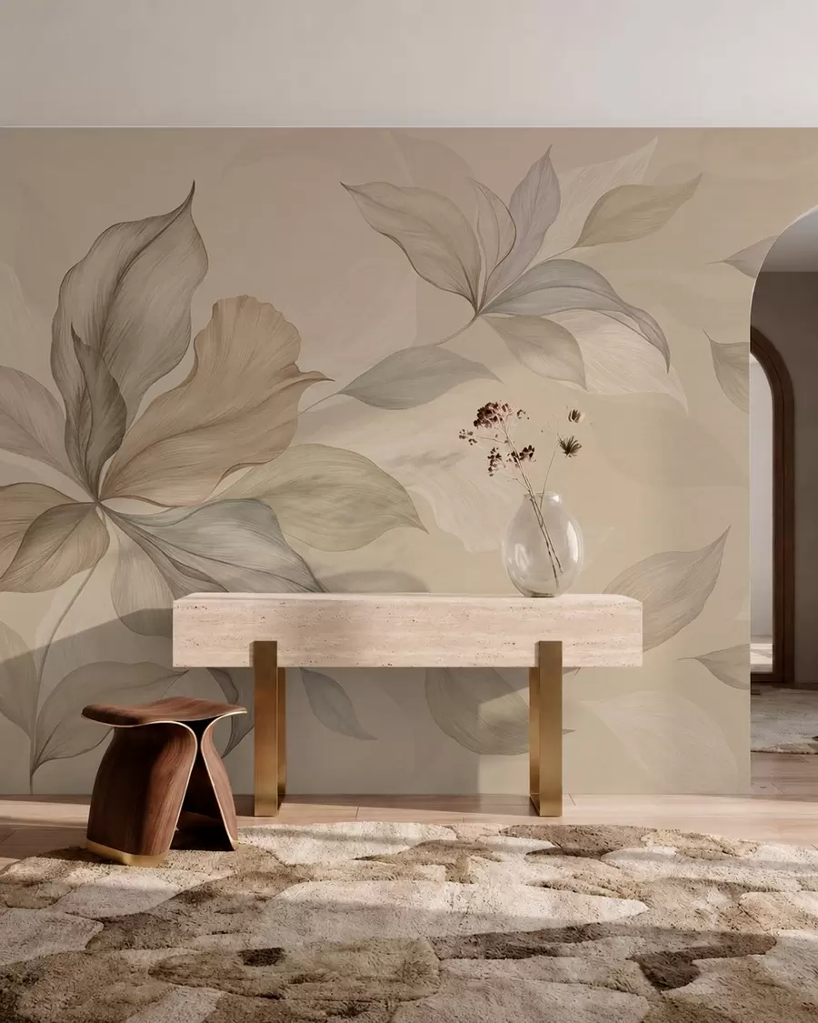 murales de pared Hojas decorativas grandes sobre un fondo cálido w05733