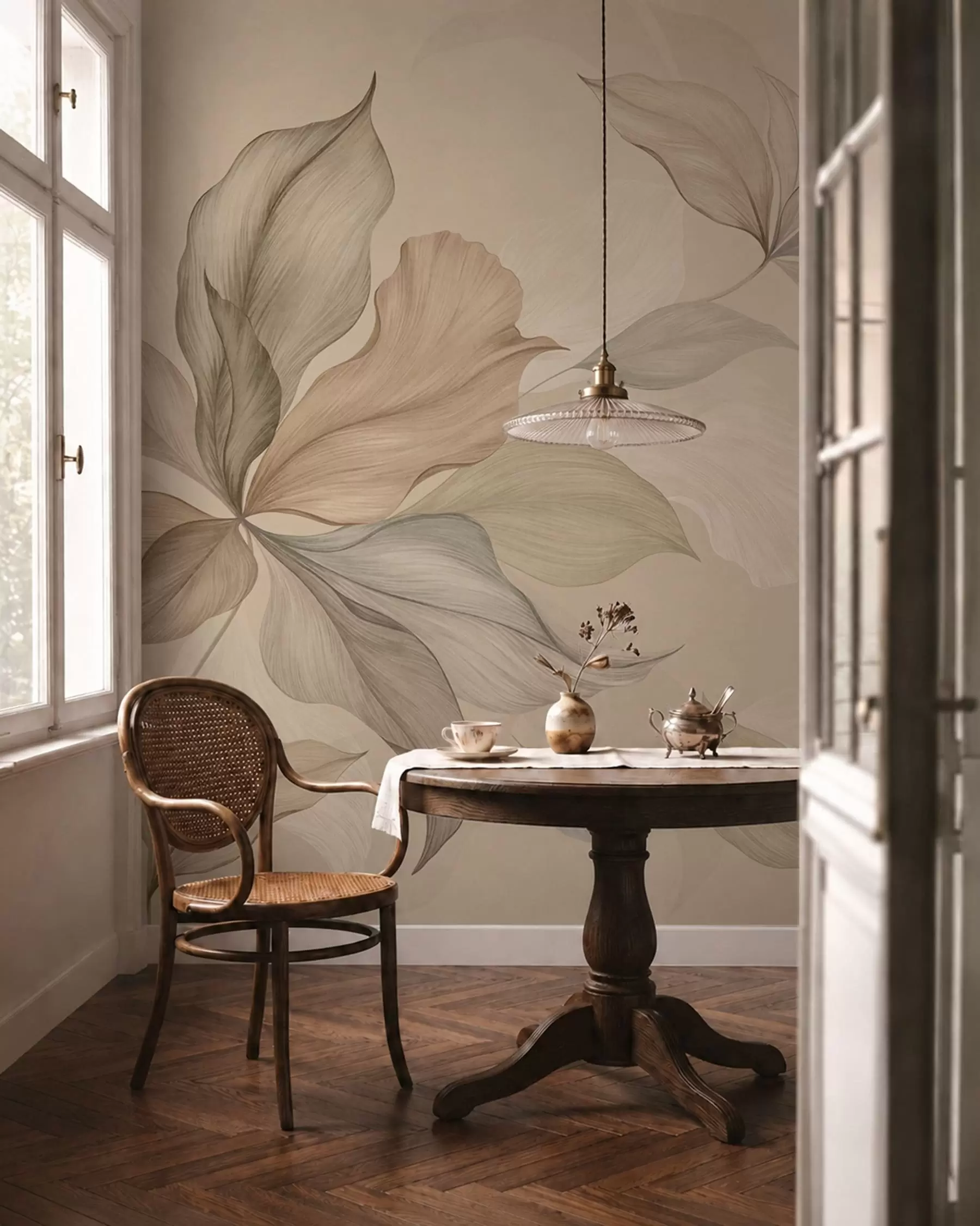 murales de pared Hojas decorativas grandes sobre un fondo cálido w05733