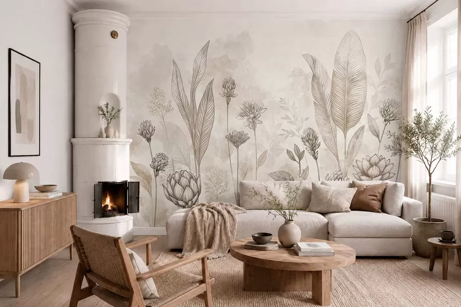 murales de pared Composición botánica con flores y hojas w05802