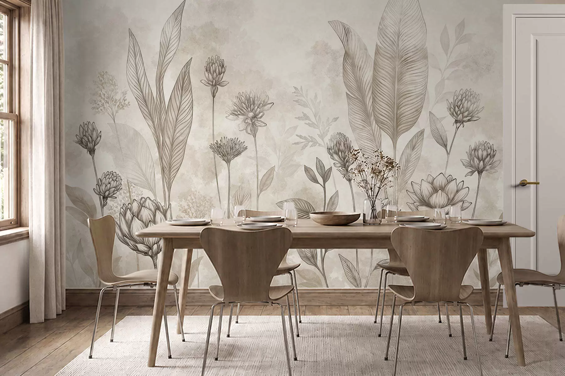 murales de pared Composición botánica con flores y hojas w05802