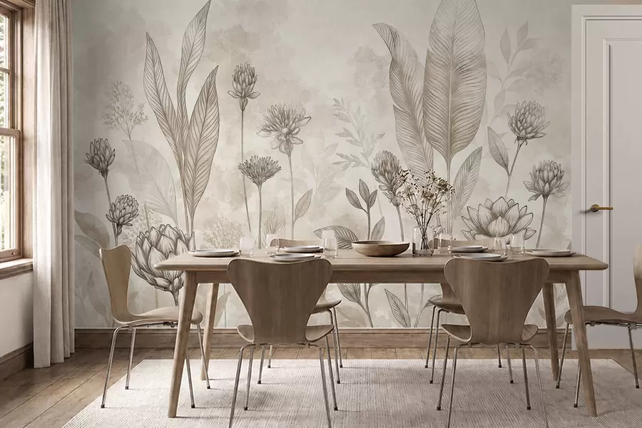 murales de pared Composición botánica con flores y hojas w05802