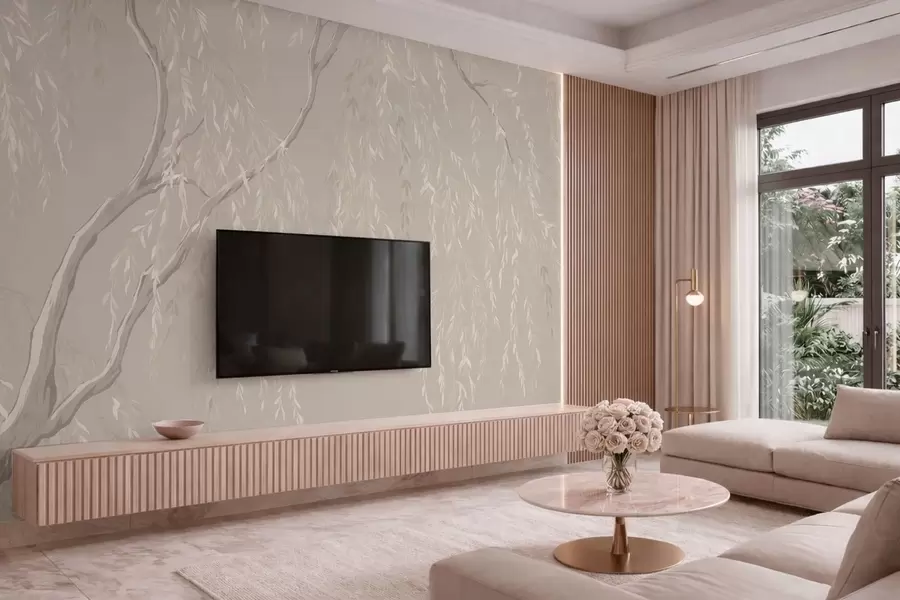 murales de pared Ramas claras con hojas blancas sobre un fondo cálido w05812v2