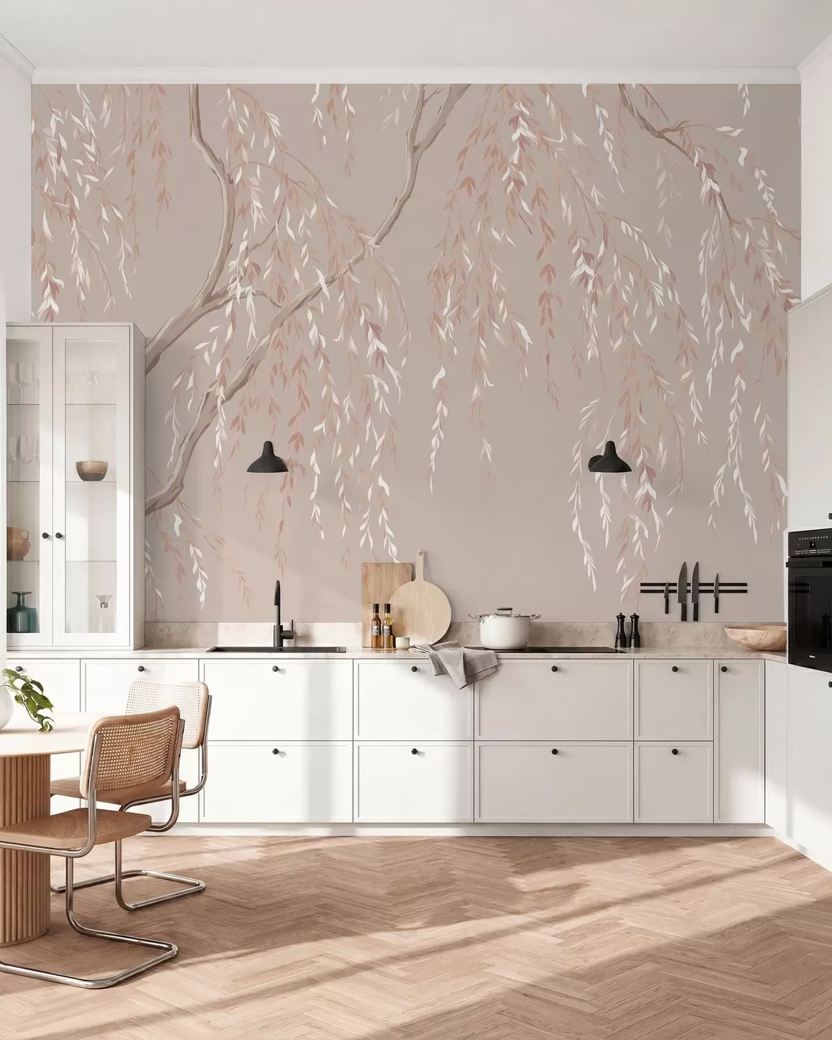 murales de pared Ramas de color rosa pálido con hojas claras w05812v3