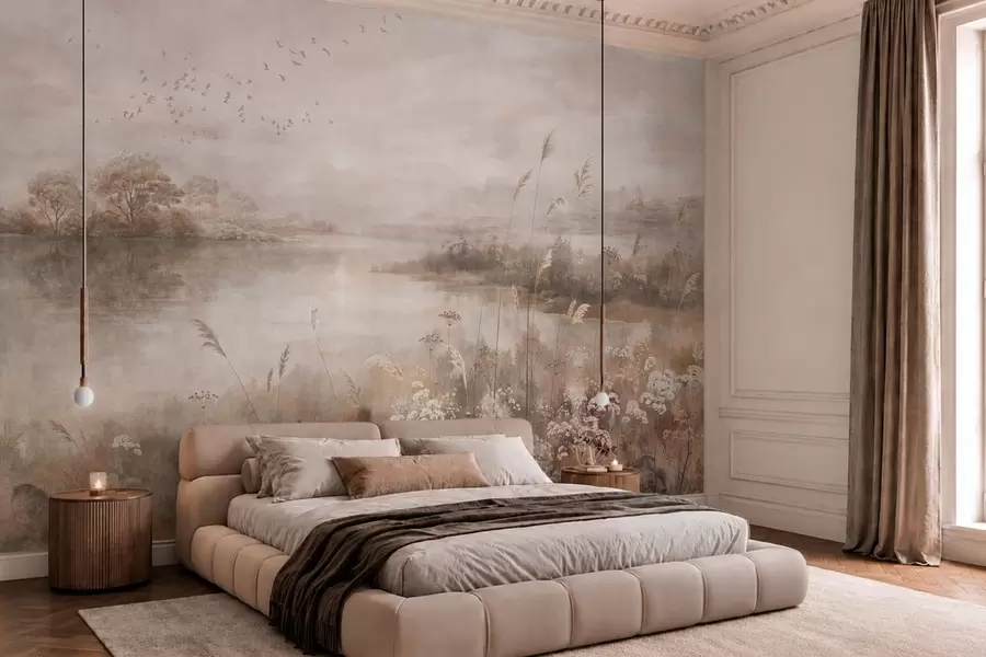 murales de pared Paisaje brumoso a orillas de un lago con flores silvestres w05813