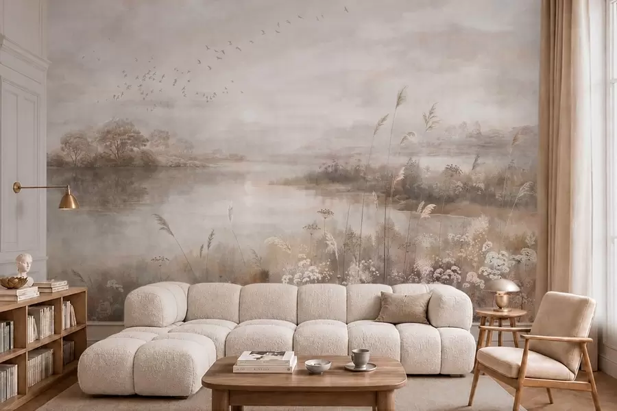 murales de pared Paisaje brumoso a orillas de un lago con flores silvestres w05813