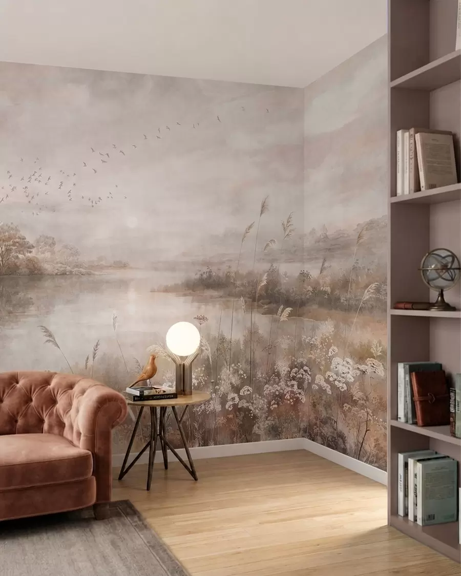 murales de pared Paisaje brumoso a orillas de un lago con flores silvestres w05813