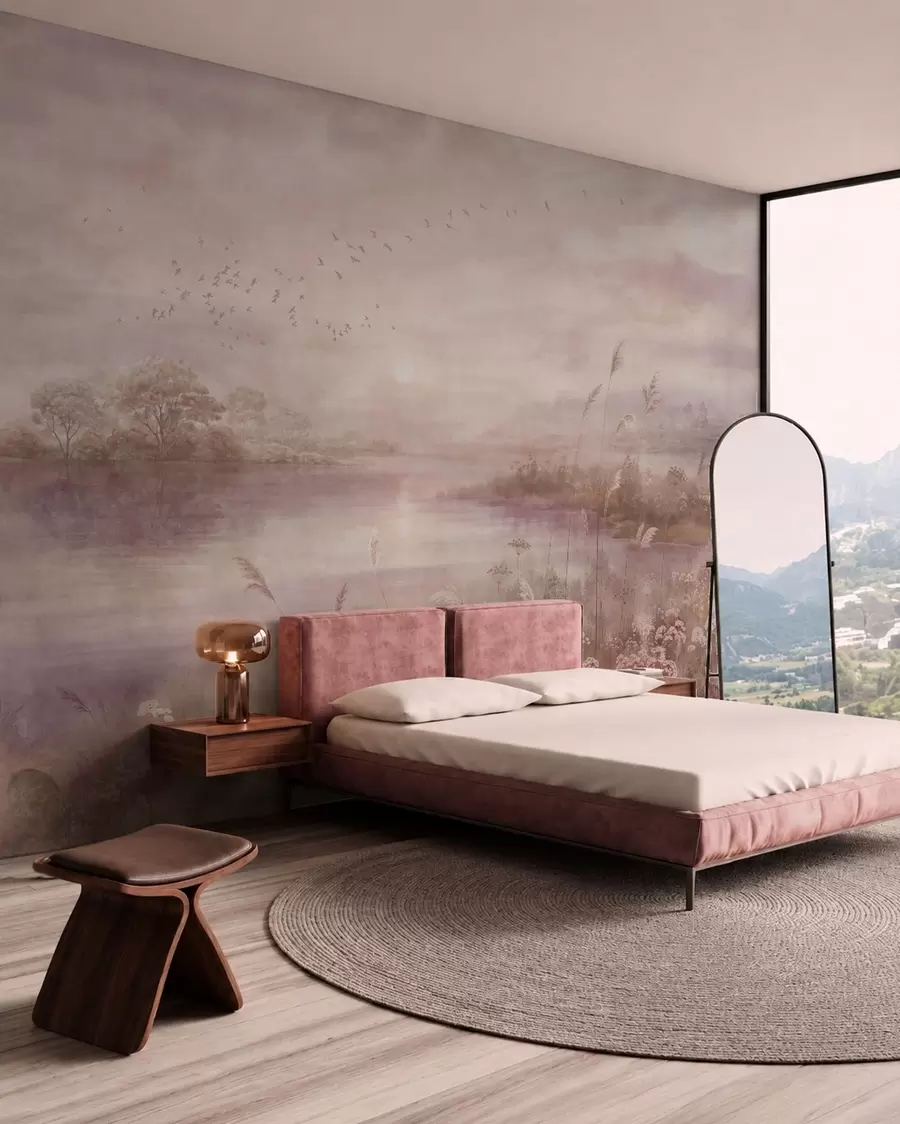 murales de pared Lago de tonos rosados con flores silvestres w05813v1