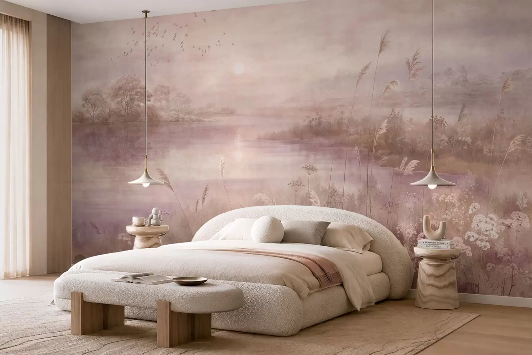 murales de pared Lago de tonos rosados con flores silvestres w05813v1