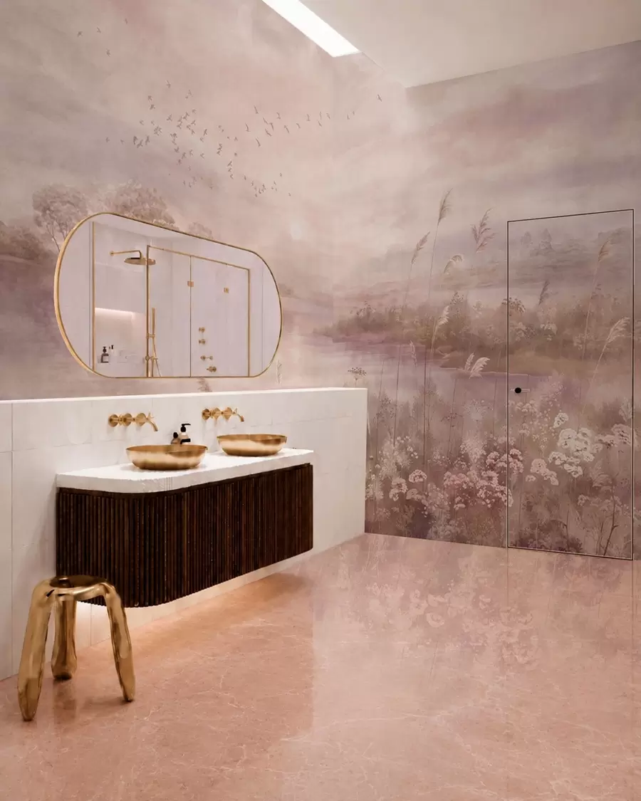 murales de pared Lago de tonos rosados con flores silvestres w05813v1