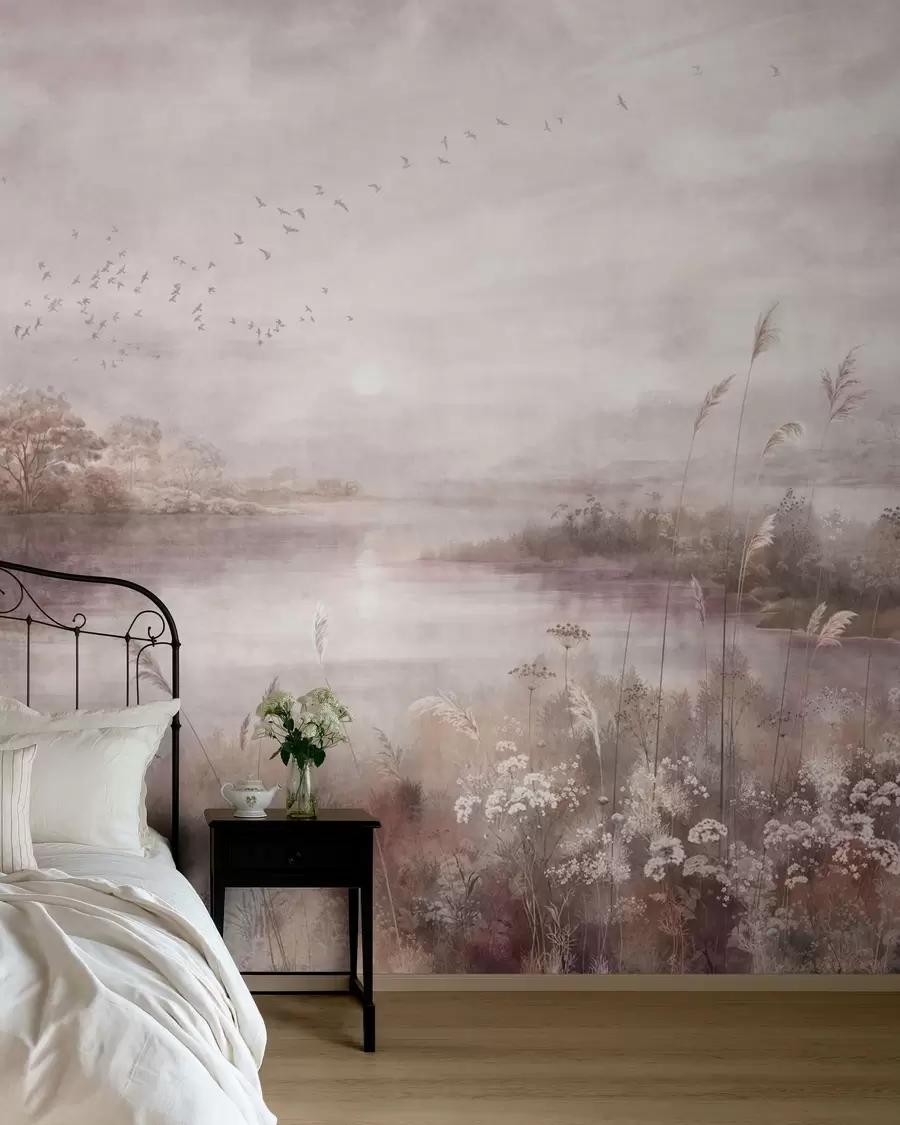 murales de pared Lago tranquilo en suaves tonos lila w05813v2