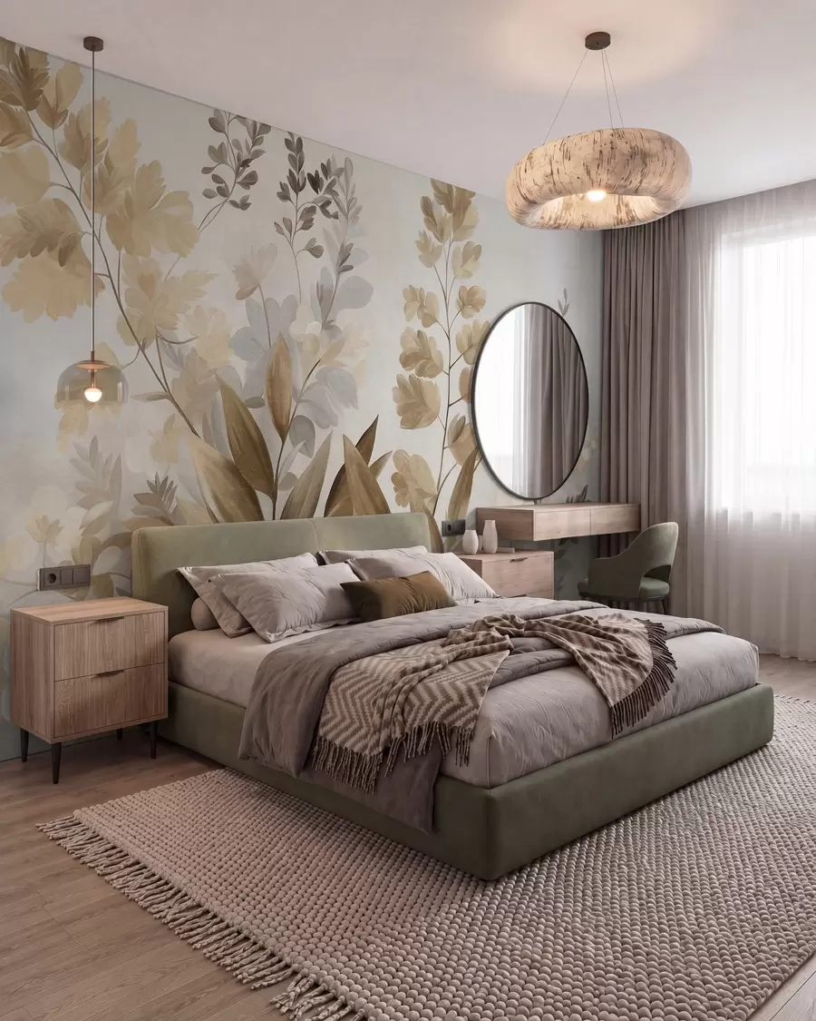 murales de pared Arte botánico con textura, diversas plantas y hojas en tonos marrones y beige w09979