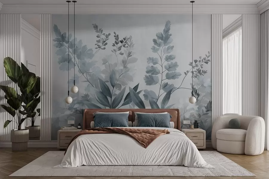 murales de pared Arte botánico con textura, diversas plantas y hojas en tonos azules y grises w09979v1