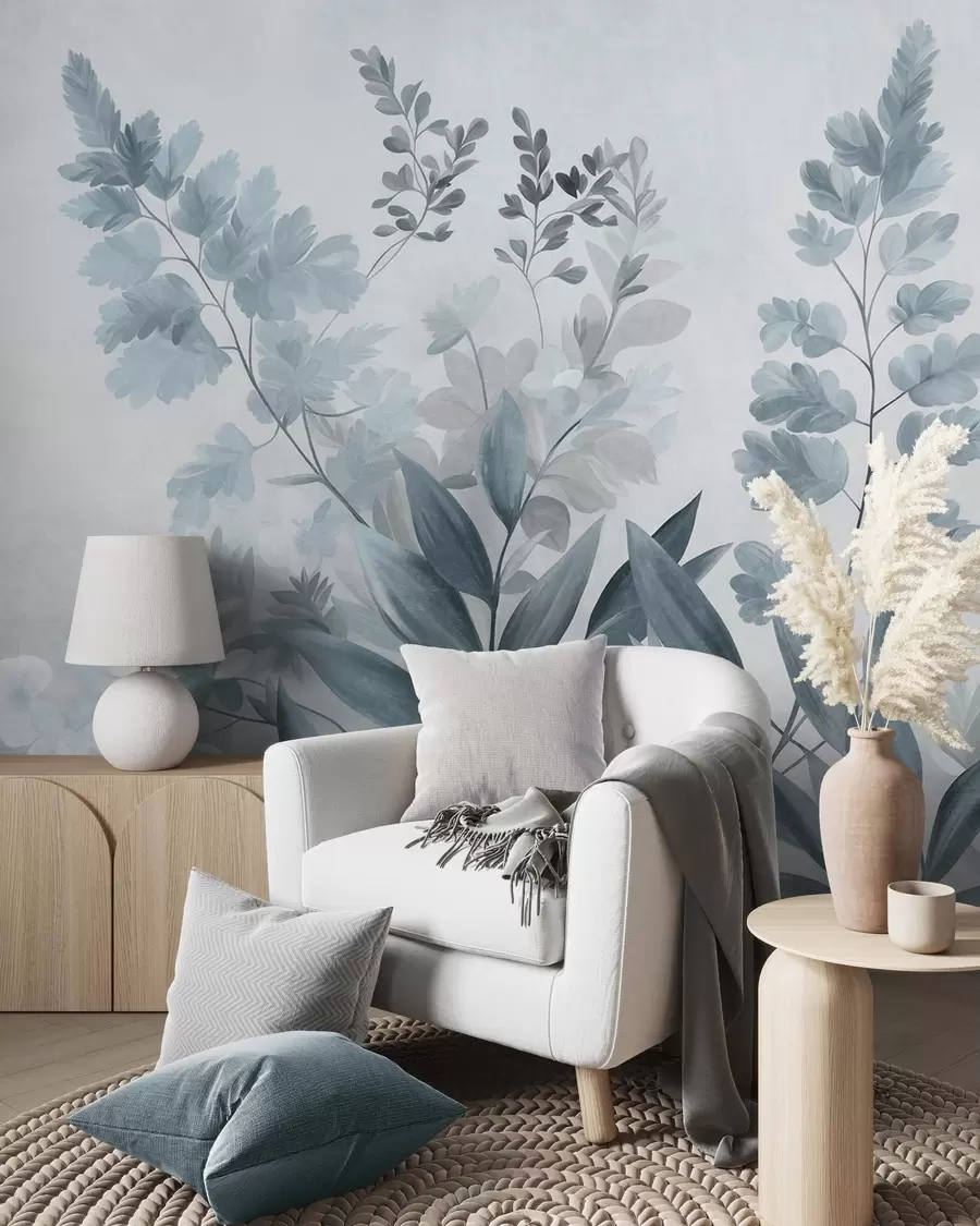 murales de pared Arte botánico con textura, diversas plantas y hojas en tonos azules y grises w09979v1