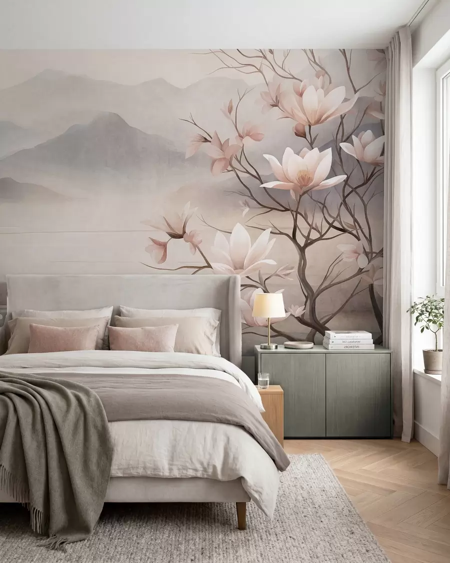 murales de pared Montañas y ramas de magnolia en flor de color rosa, paisaje con textura w10013