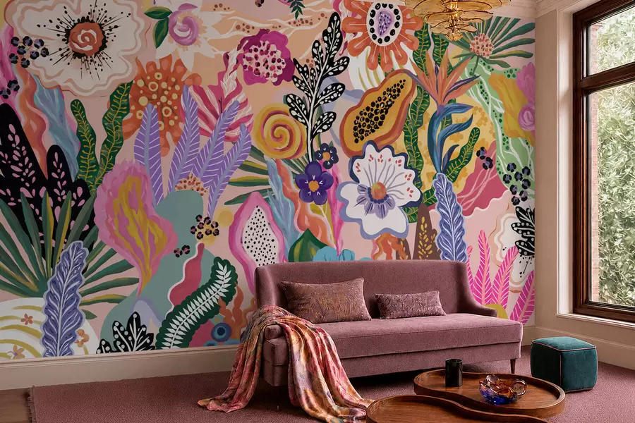 murales de pared Motivo tropical muy llamativo con flores, hojas y frutas de colores vivos w05815