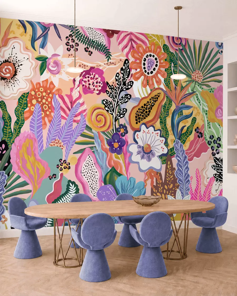 murales de pared Motivo tropical muy llamativo con flores, hojas y frutas de colores vivos w05815