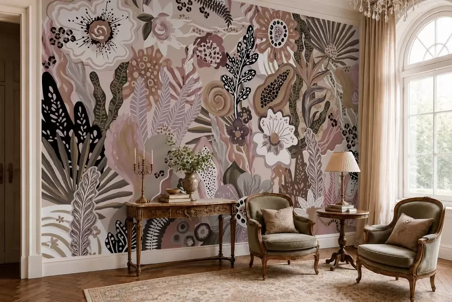 murales de pared Motivo tropical en tonos empolvados con flores, hojas y tonos suaves y apagados w05815v1