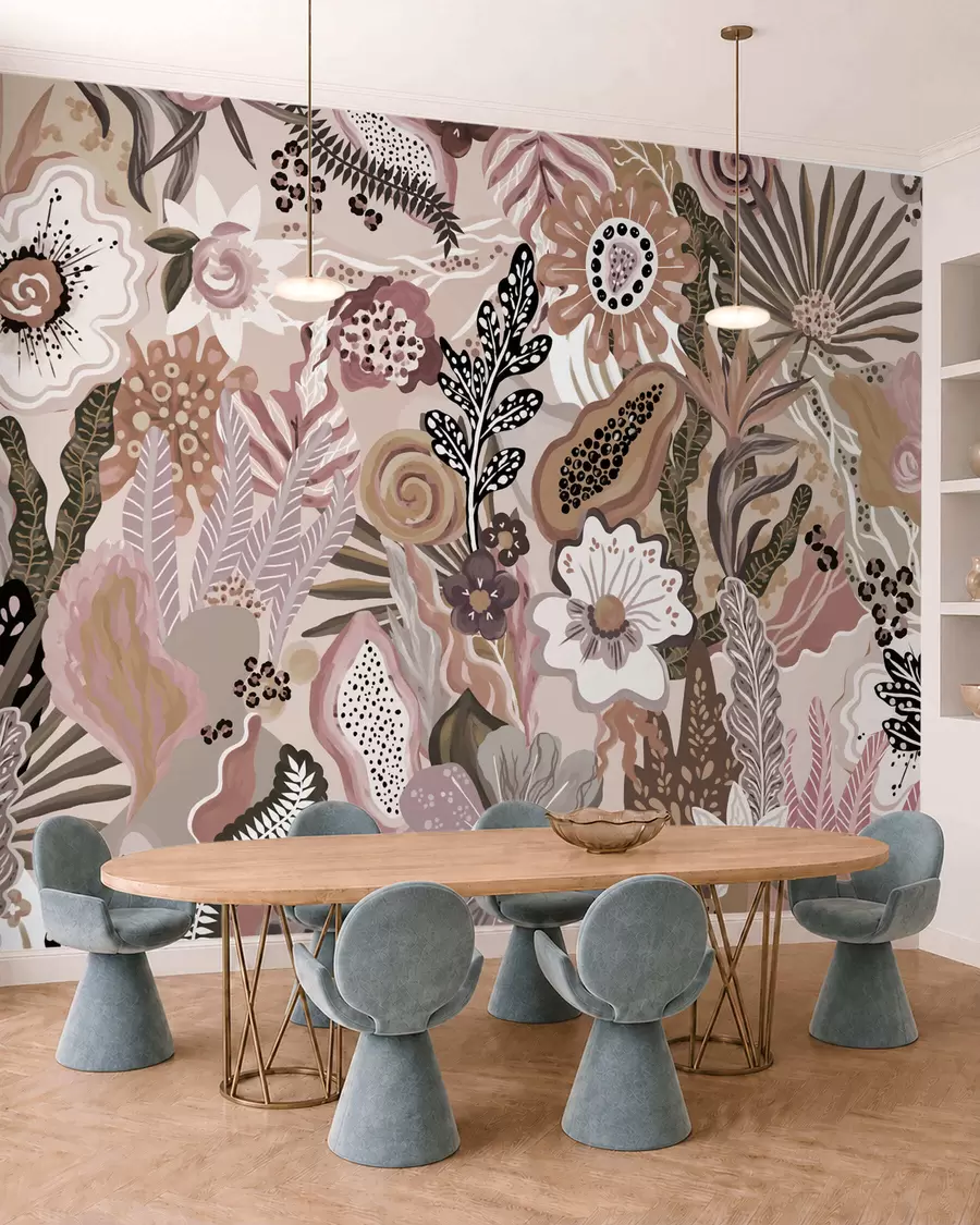 murales de pared Motivo tropical en tonos empolvados con flores, hojas y tonos suaves y apagados w05815v1