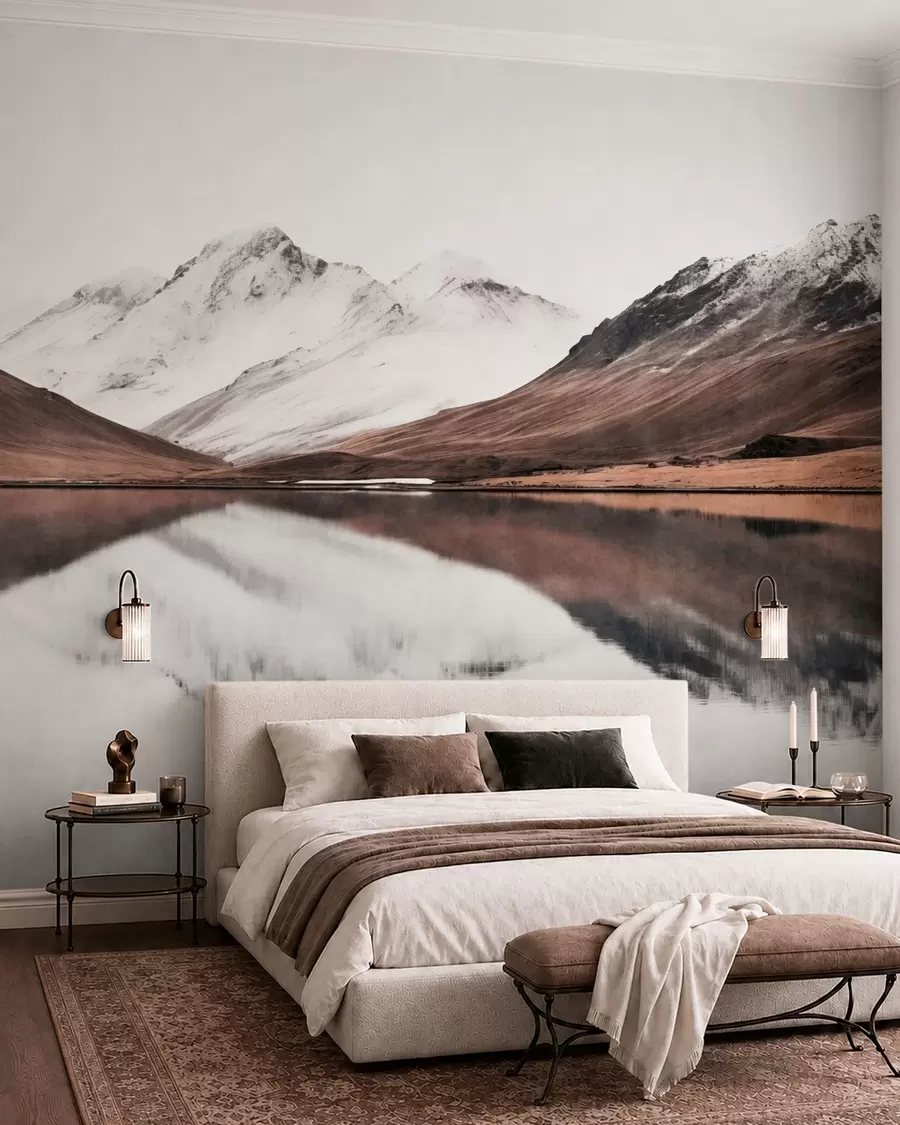 murales de pared Cumbres nevadas y un lago tranquilo con un reflejo como un espejo w05816