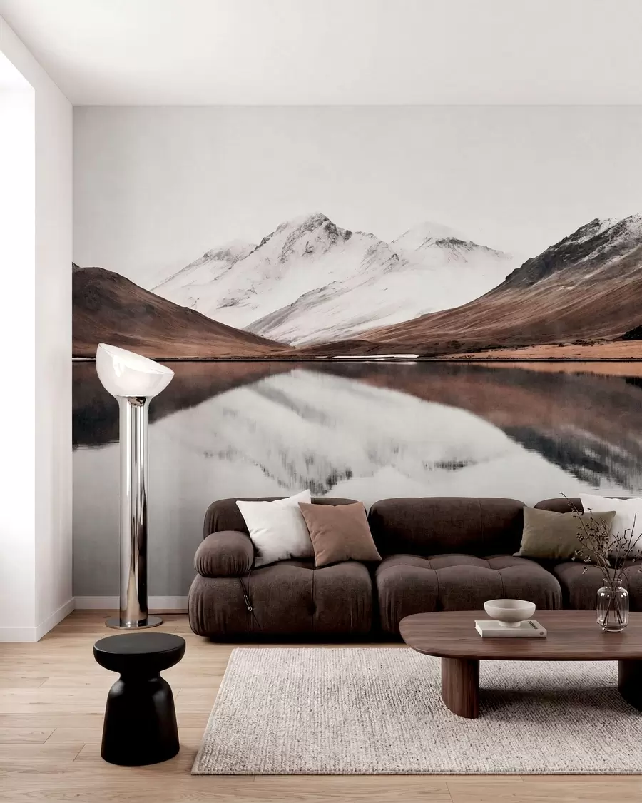 murales de pared Cumbres nevadas y un lago tranquilo con un reflejo como un espejo w05816