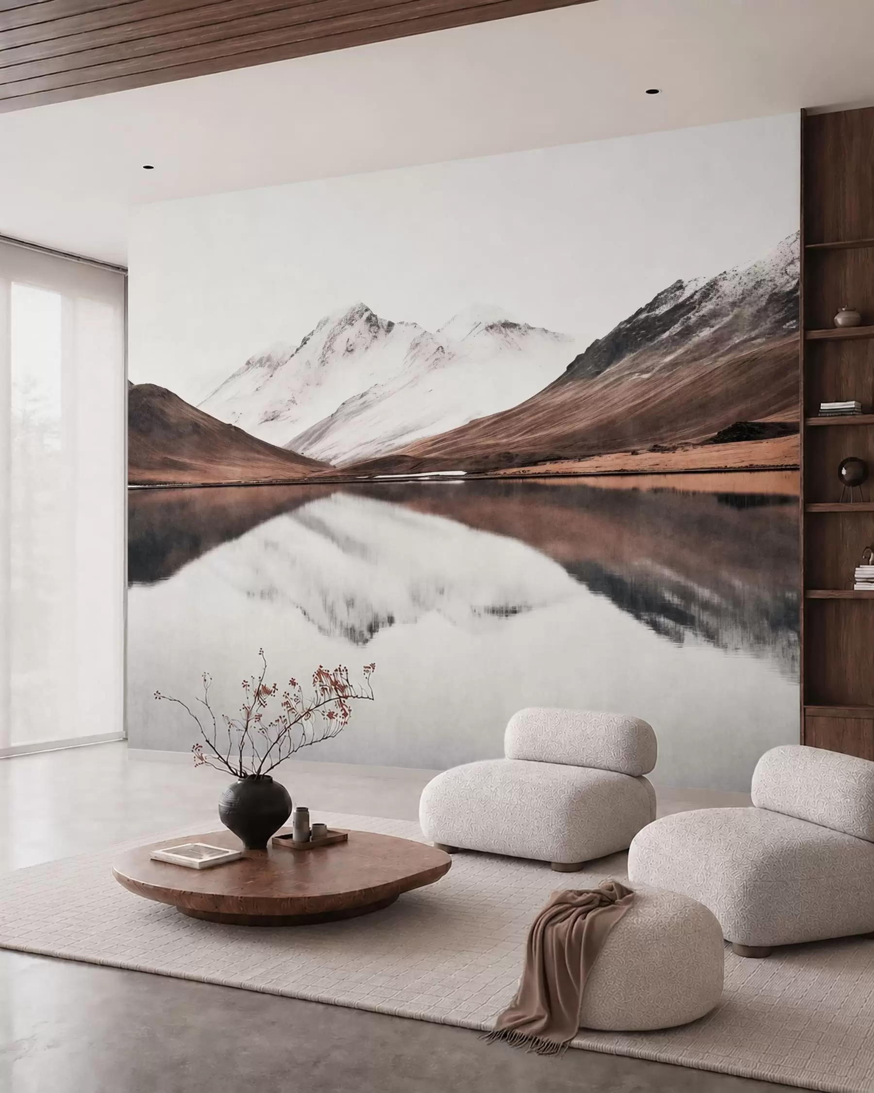 murales de pared Cumbres nevadas y un lago tranquilo con un reflejo como un espejo w05816