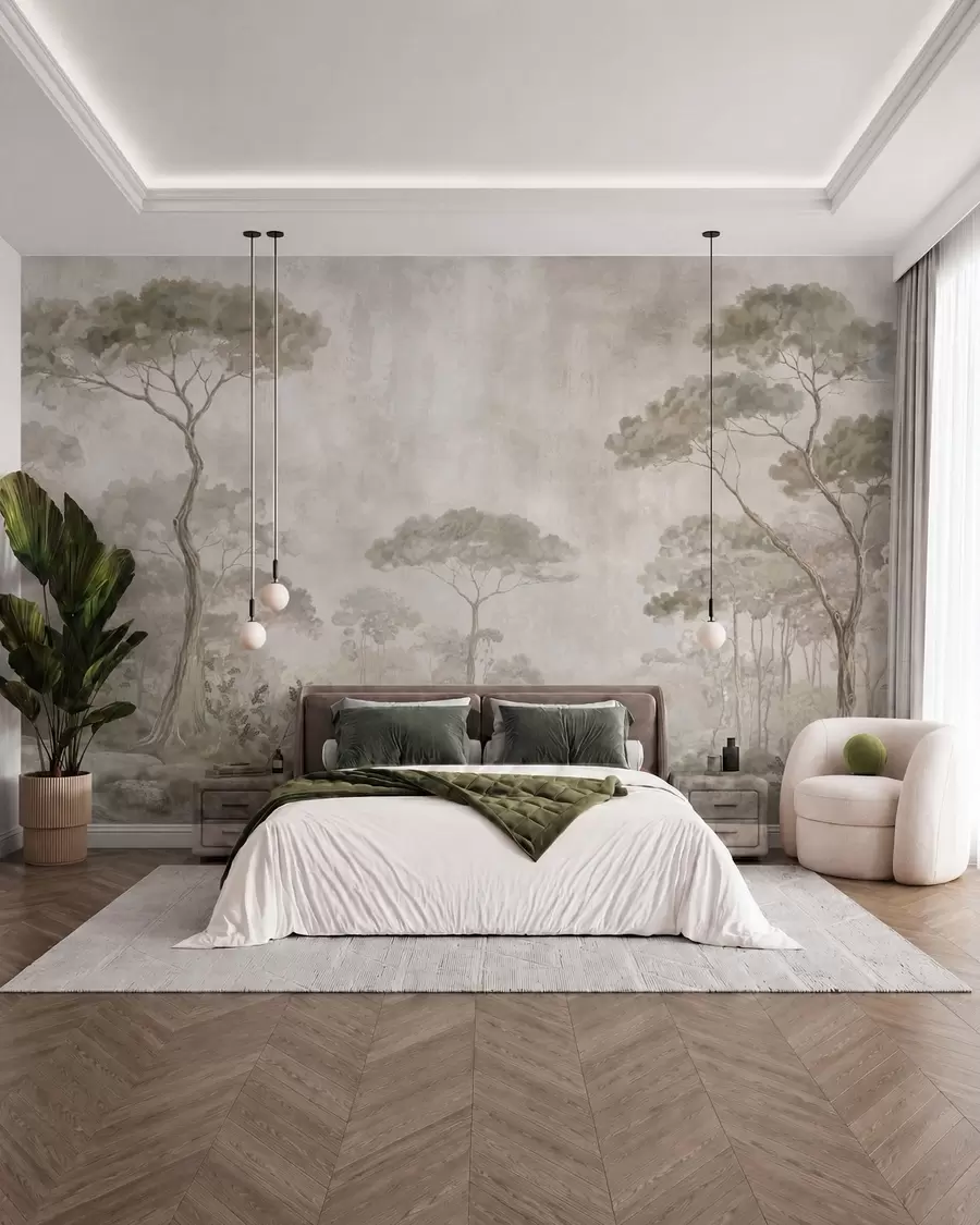 murales de pared Un bosque brumoso junto a unas aguas tranquilas, en suaves tonos pastel naturales w05817