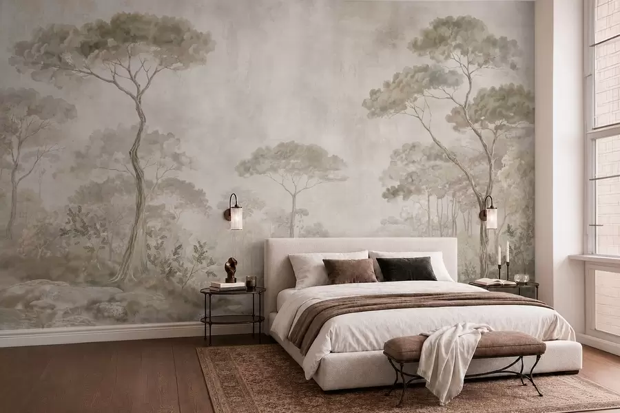 murales de pared Un bosque brumoso junto a unas aguas tranquilas, en suaves tonos pastel naturales w05817