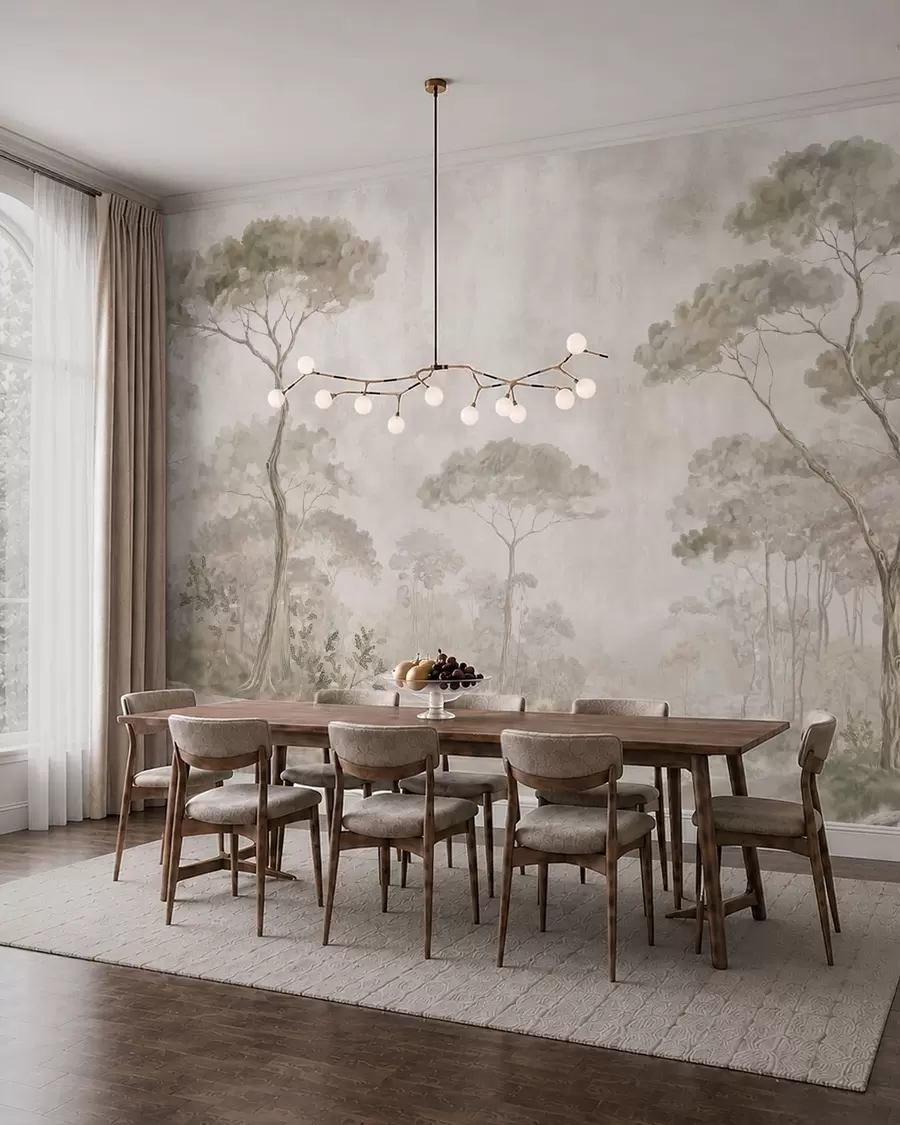 murales de pared Un bosque brumoso junto a unas aguas tranquilas, en suaves tonos pastel naturales w05817