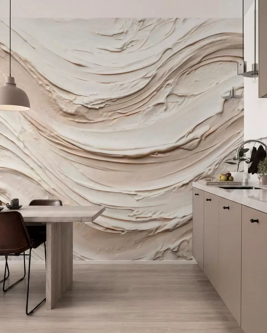 murales de pared Ondas cálidas en tonos crema y melocotón que imitan el yeso texturizado, abstractas w09990
