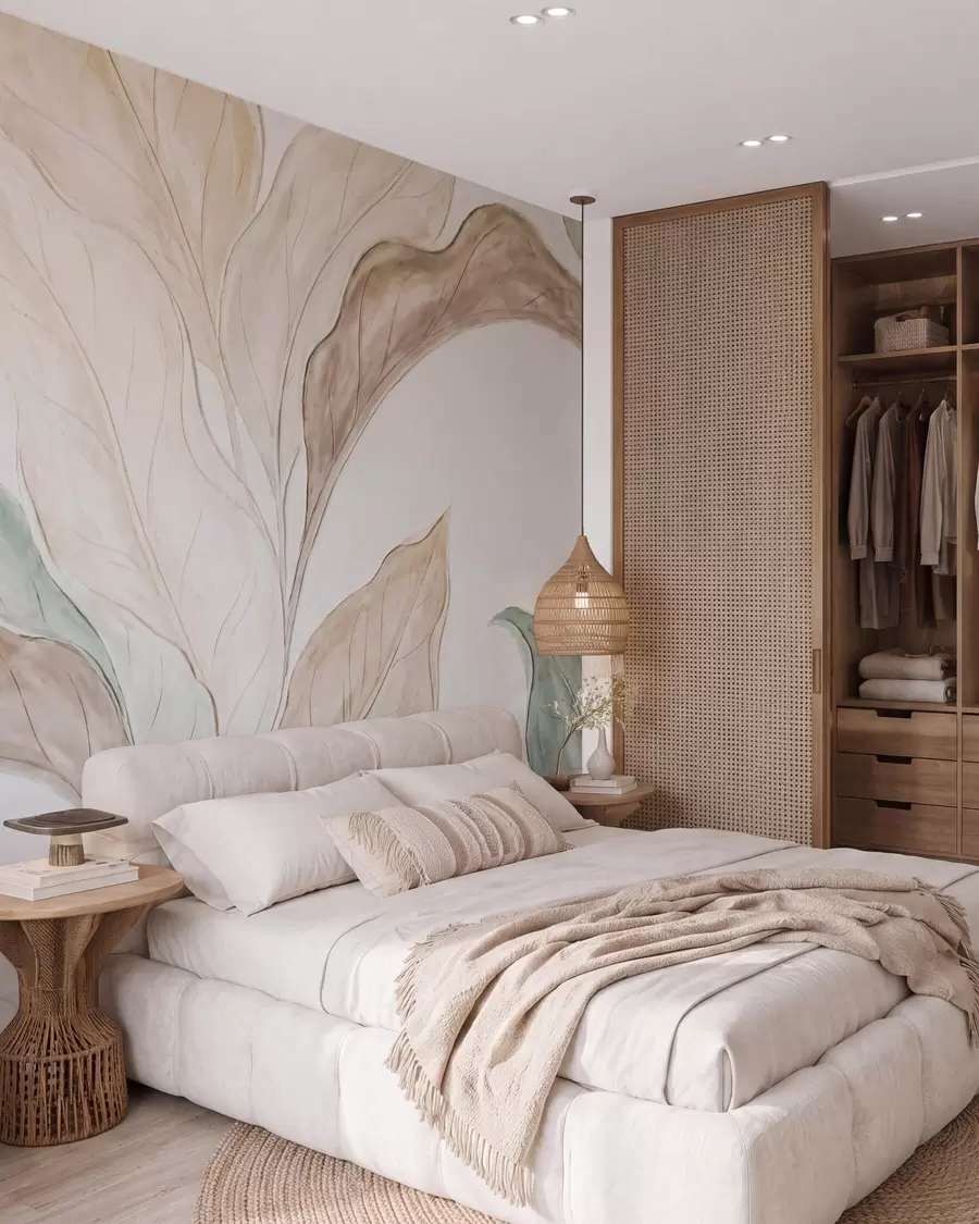 murales de pared Imitación de hojas delicadas de color beige verdoso, moldeadas en relieve w09991