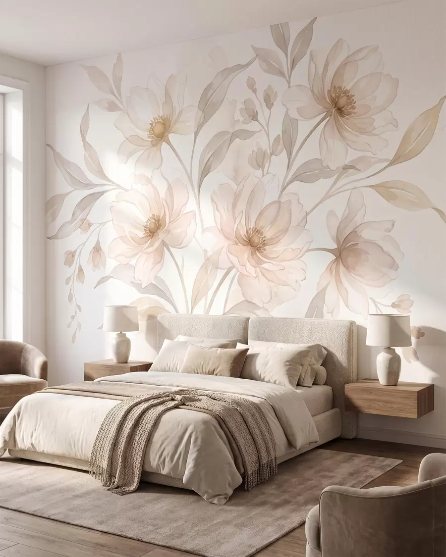 murales de pared Peonías etéreas en suaves tonos beige empolvado w10002