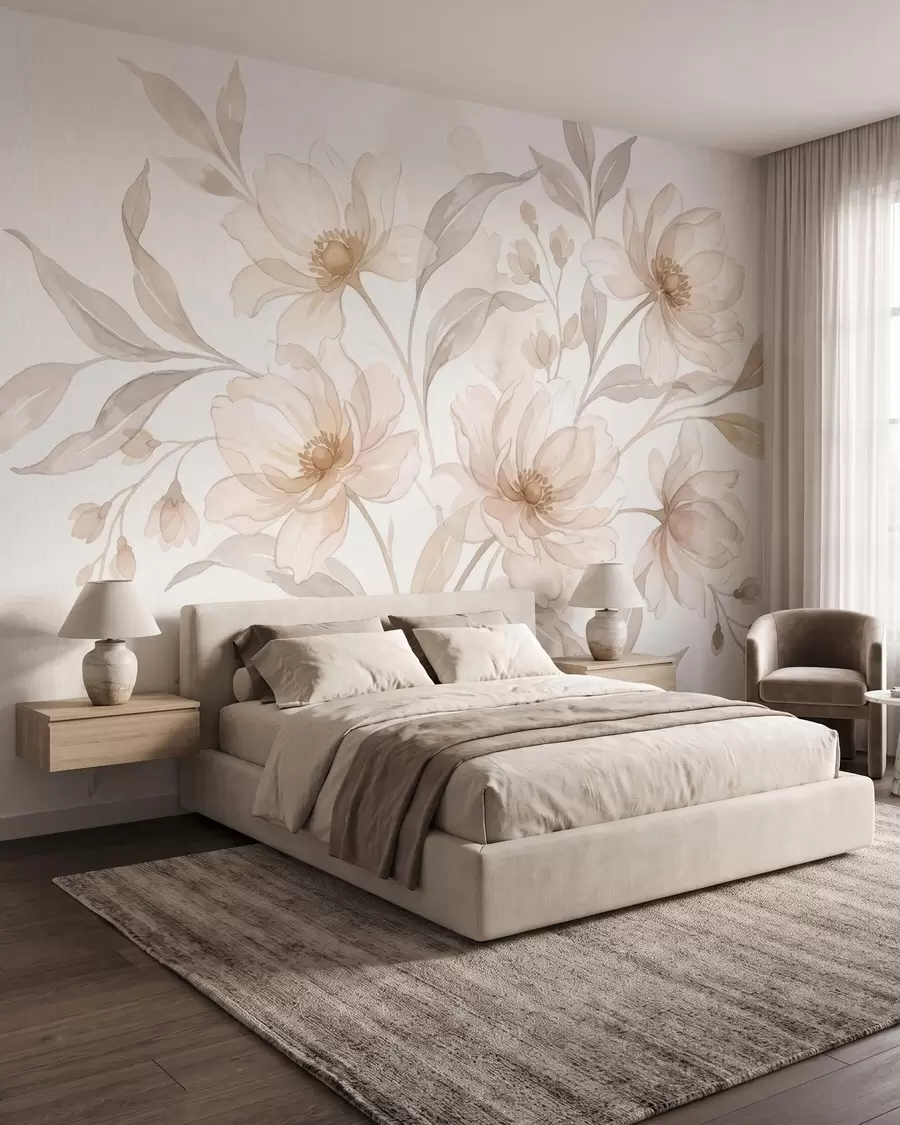 murales de pared Peonías etéreas en suaves tonos beige empolvado w10002