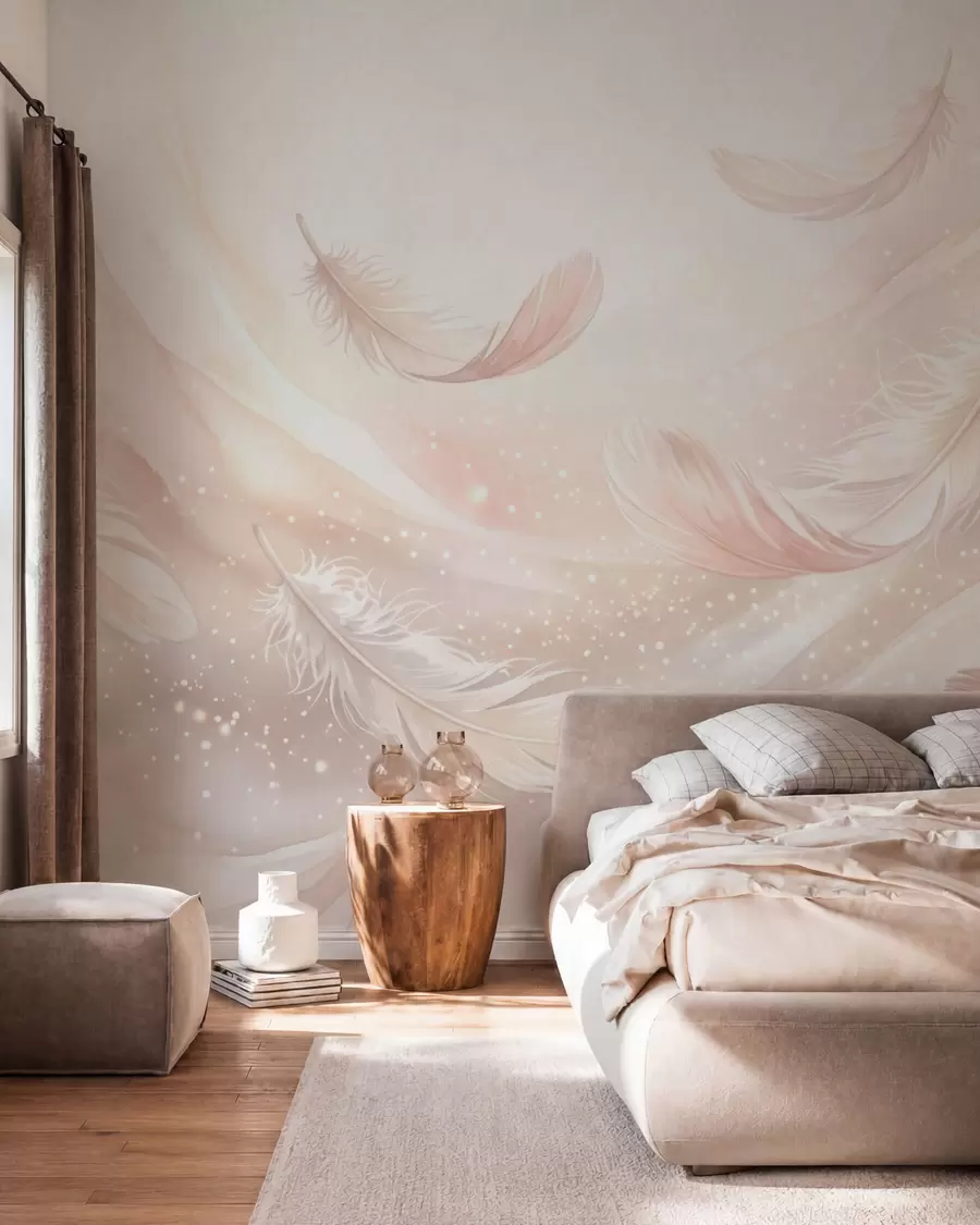 murales de pared Plumas delicadas y etéreas en una neblina de color rosa melocotón con destellos w10003